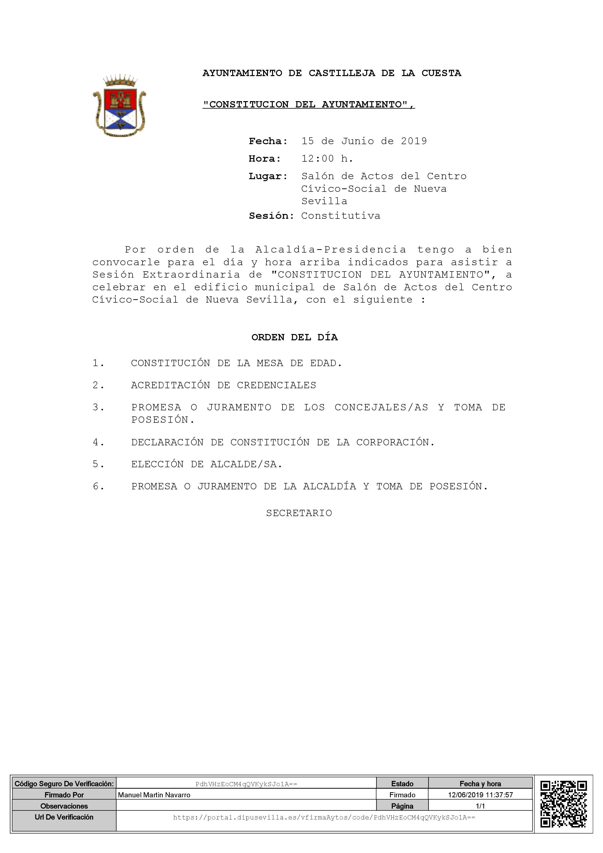 Pleno Extraordinario Constitucion del Ayuntamiento. Toma de posesión 2019